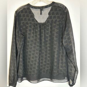 Maurice’s Double Layered Black W/gold Design Long Sleeve Sheer V-neck Blouse Med
